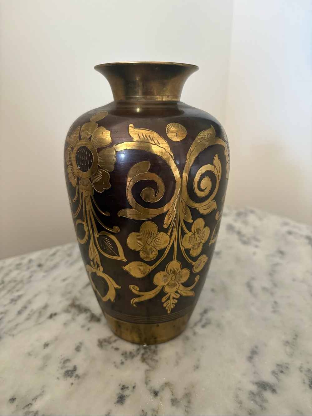 Vintage brass vase with floral etching